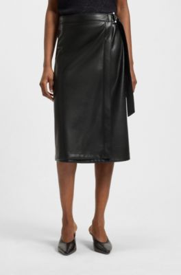 Wrap-front skirt in faux leather, Black