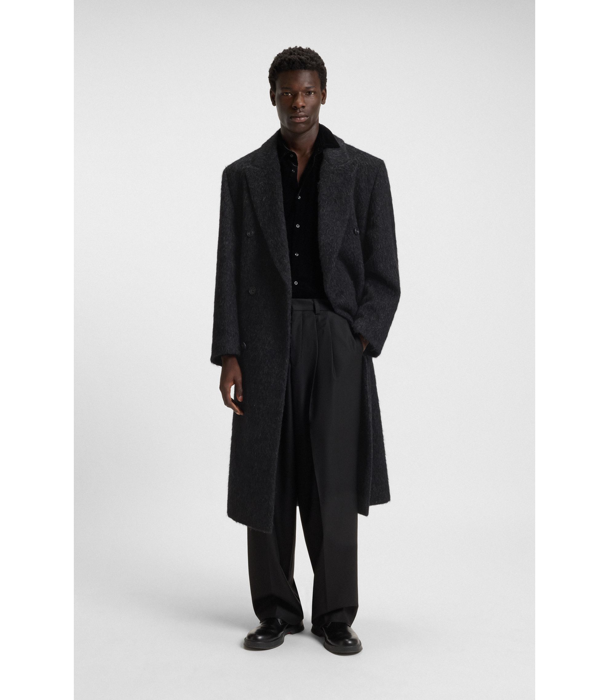 ジャケット・アウター HUGO BOSS Double Breasted Wool Coat HUGO - Double-breasted coat in a relaxed fit - Black