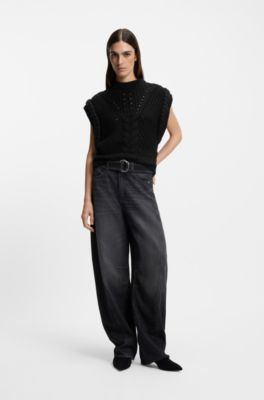 Italian-yarn sleeveless top with structured knit, Black