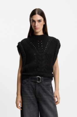 Italian-yarn sleeveless top with structured knit, Black