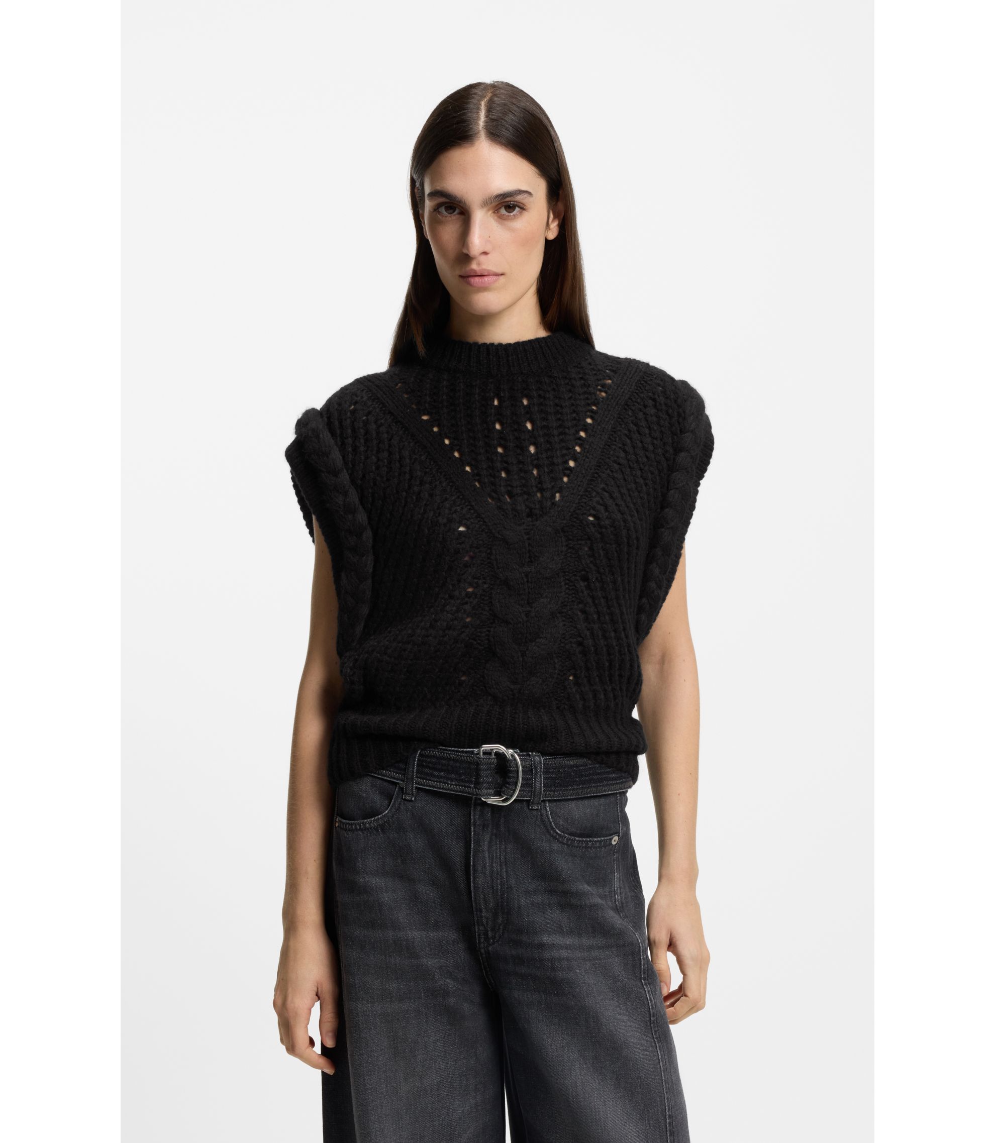 Italian Yarn ベスト BOSS - Italian-yarn sleeveless top with structured knit - Black