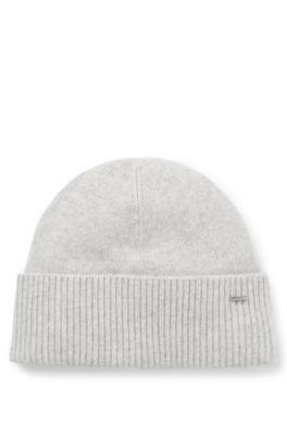 Gorro de punto de cashmere con detalle de logo metalizado, Gris claro