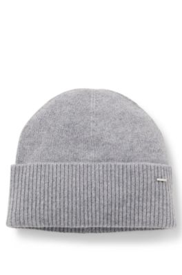 Cashmere beanie hat with metal logo tube, Light Grey