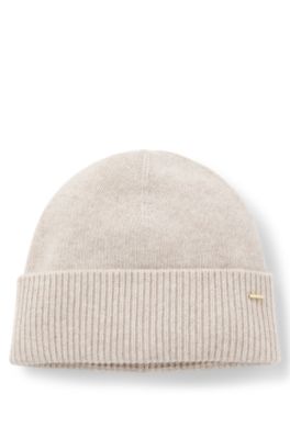 Gorro de punto de cashmere con detalle de logo metalizado, Blanco