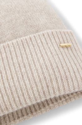 Gorro de punto de cashmere con detalle de logo metalizado, Blanco
