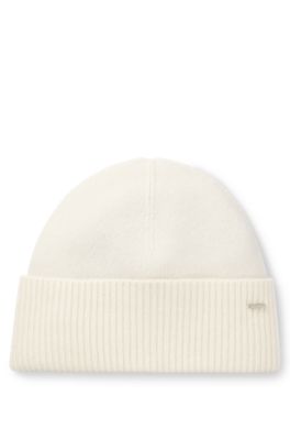 Gorro de punto de cashmere con detalle de logo metalizado, Blanco
