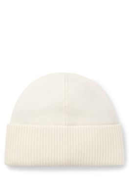 Gorro de punto de cashmere con detalle de logo metalizado, Blanco