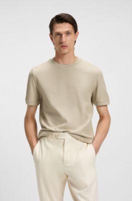 Regular-fit T-shirt in structured cotton, Beige clair