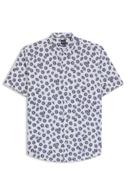 Camisa slim fit de algod&oacute;n con estampado de flores, Azul oscuro
