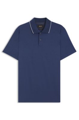 Polo de algod&oacute;n y seda con ribete en el cuello, Celeste