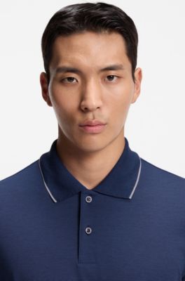 Collar-tipping polo shirt in cotton and silk, Light Blue