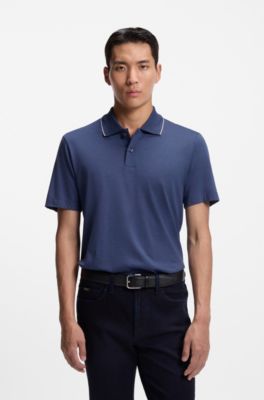 Collar-tipping polo shirt in cotton and silk, Light Blue