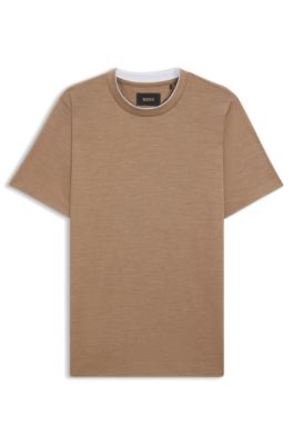 T-shirt en coton et soie &agrave; double col, Marron