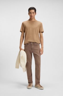 Camiseta de algod&oacute;n y seda con cuello doble, Marr&oacute;n