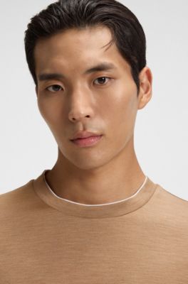 T-shirt en coton et soie &agrave; double col, Marron