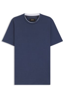 Camiseta de algod&oacute;n y seda con cuello doble, Celeste