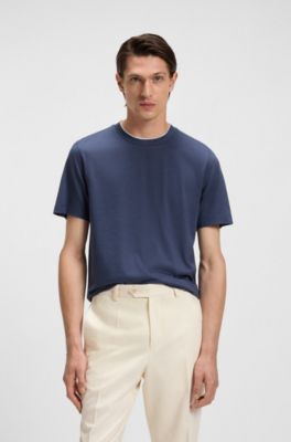 Camiseta de algod&oacute;n y seda con cuello doble, Celeste