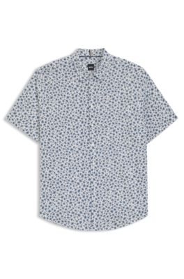 Slim-fit shirt in floral-print stretch linen, Light Blue