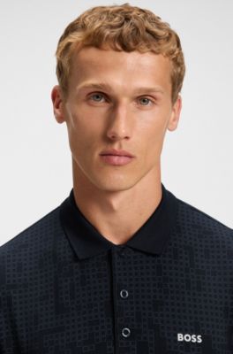 Stretch-cotton polo shirt with all-over print, Black