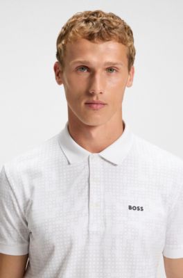 Stretch-cotton polo shirt with all-over print, White