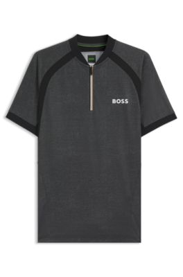 Polo slim fit en punto de malla con cuello con cremallera, Gris oscuro