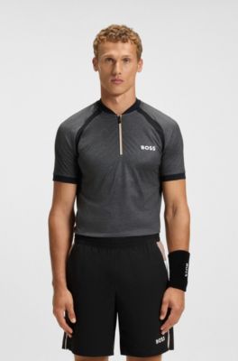 Mesh-jersey slim-fit polo shirt with zip neck, Dark Grey