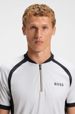 Polo slim fit en punto de malla con cuello con cremallera, Blanco