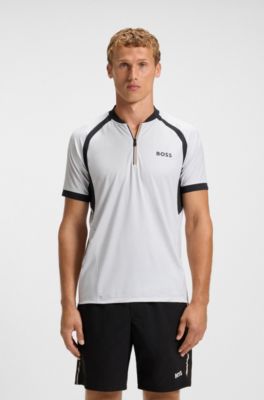 Polo slim fit en punto de malla con cuello con cremallera, Blanco