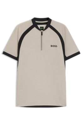 Polo slim fit en punto de malla con cuello con cremallera, Beige