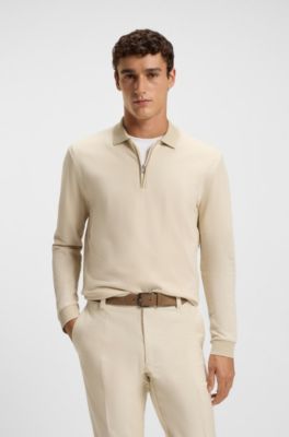 Mercerised-cotton polo shirt with two-tone structure, Light Beige