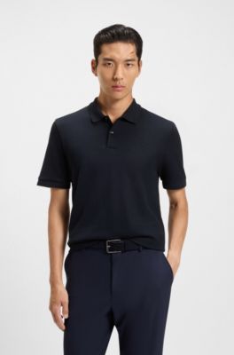 Cotton polo shirt with herringbone structure, Dark Blue