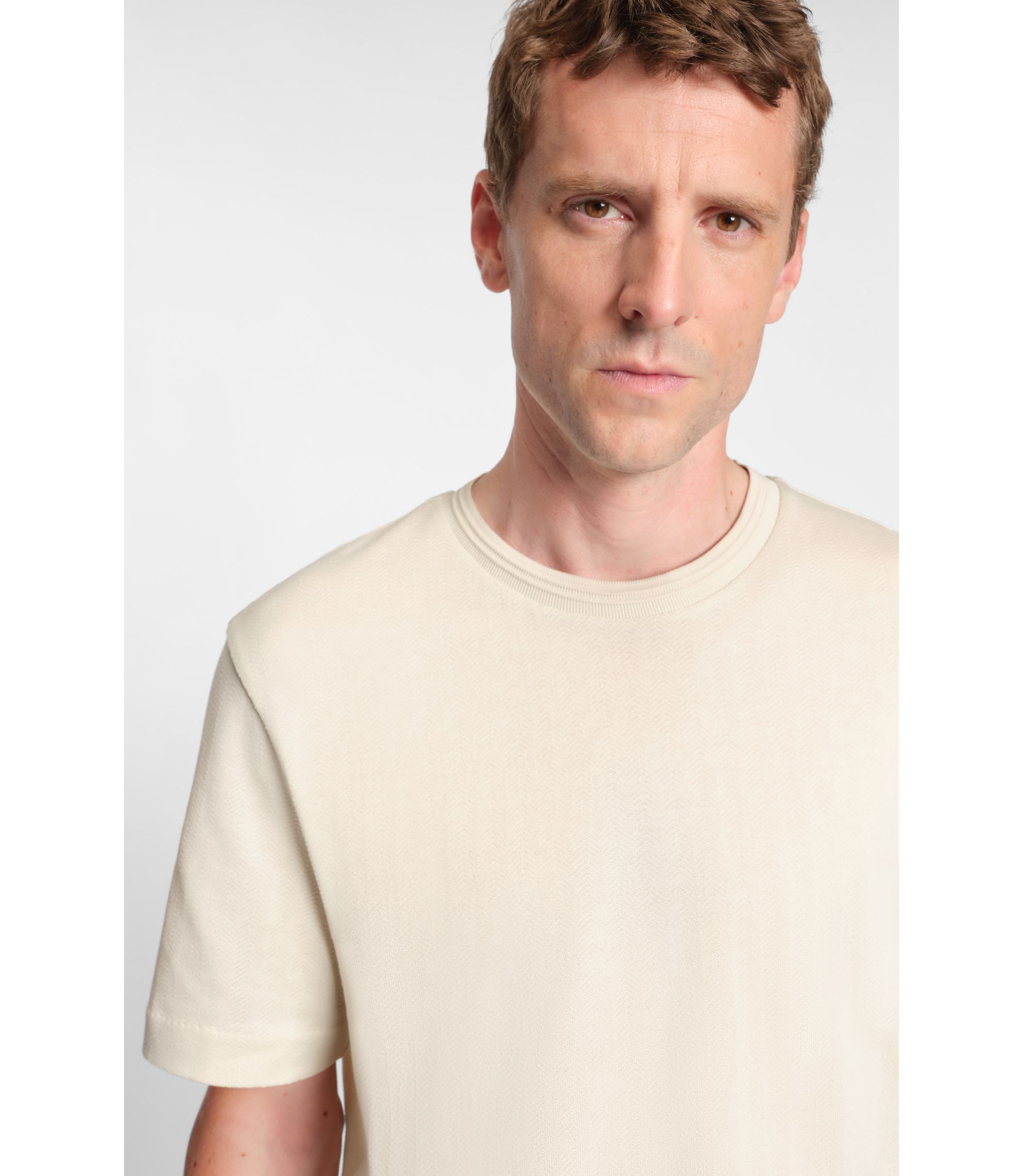 BOSS - Cotton T-shirt with herringbone structure - Light Beige