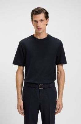 Herringbone-structure T-shirt in cotton, Dark Blue
