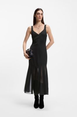 Vestido lencero de sat&eacute;n con apliques de organza, Negro