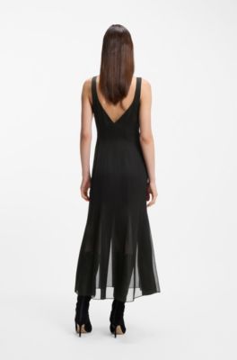 Satin slip dress with organza inserts, Black