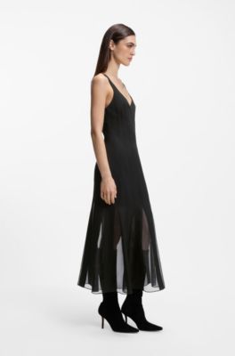 Vestido lencero de sat&eacute;n con apliques de organza, Negro
