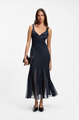 Vestido lencero de sat&eacute;n con apliques de organza, Azul oscuro
