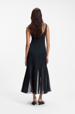 Vestido lencero de sat&eacute;n con apliques de organza, Azul oscuro
