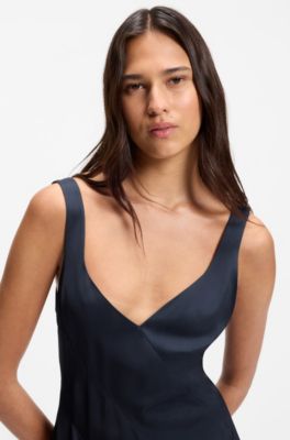 Vestido lencero de sat&eacute;n con apliques de organza, Azul oscuro
