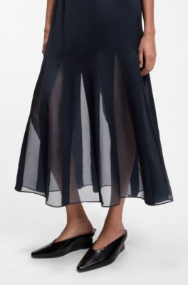 Vestido lencero de sat&eacute;n con apliques de organza, Azul oscuro