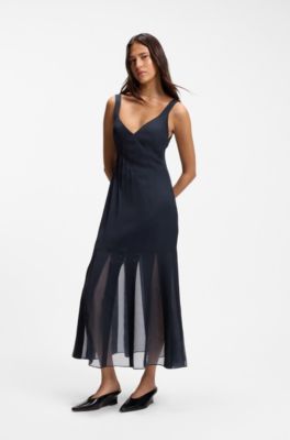 Satin slip dress with organza inserts, Dark Blue