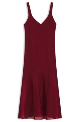 Satin slip dress with organza inserts, Dark Red
