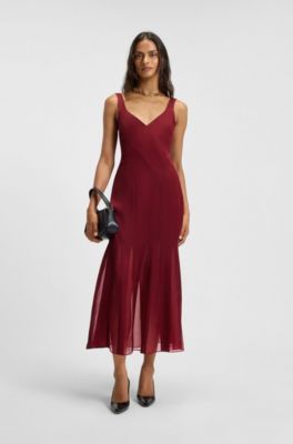 Satin slip dress with organza inserts, Dark Red