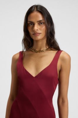 Satin slip dress with organza inserts, Dark Red