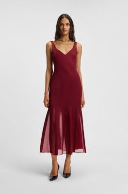 Satin slip dress with organza inserts, Dark Red