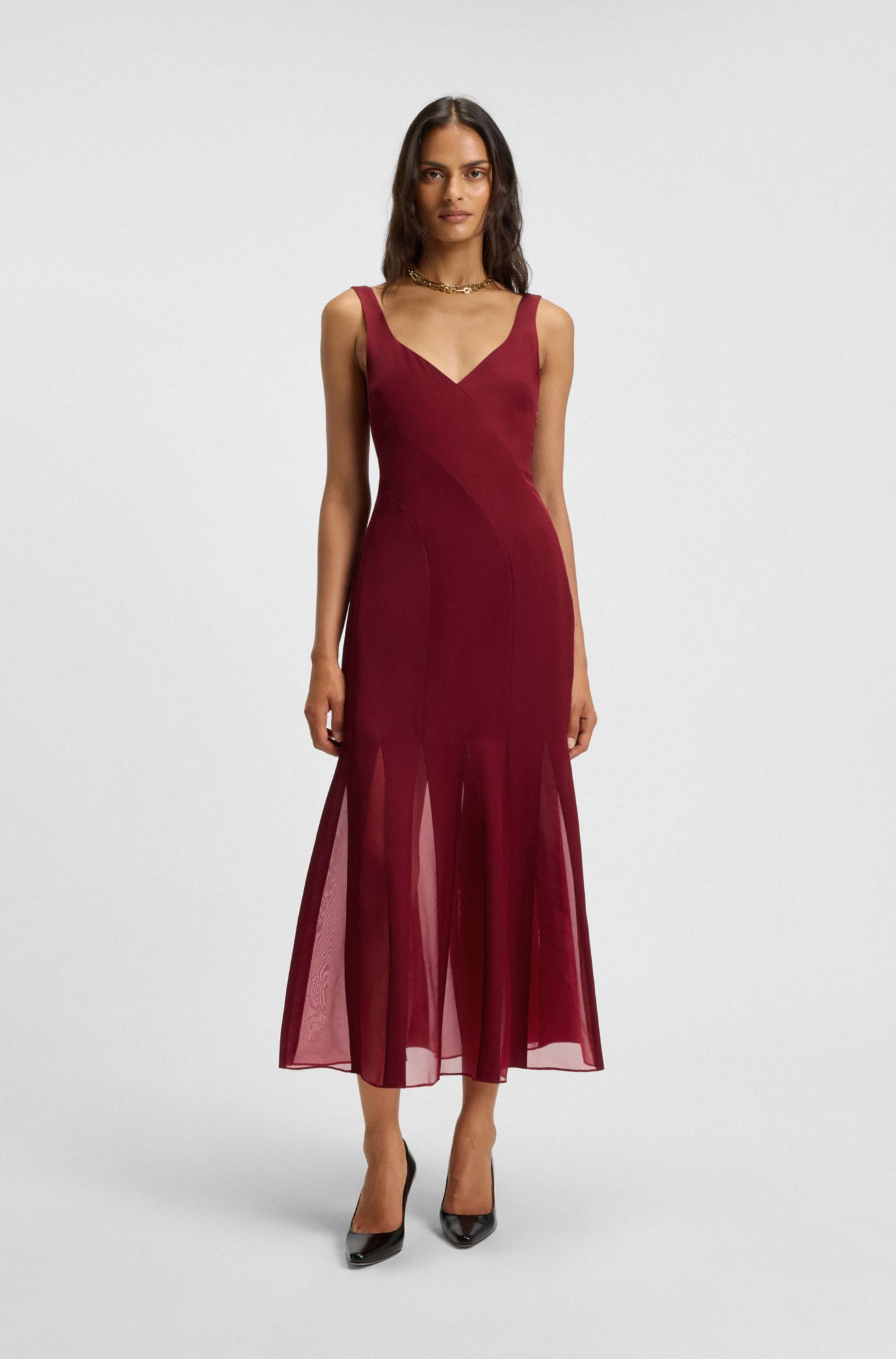 BOSS - Satin slip dress with organza inserts - Dark Red