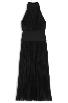Vestido plisado largo con aplique liso, Negro