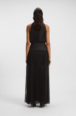 Vestido plisado largo con aplique liso, Negro
