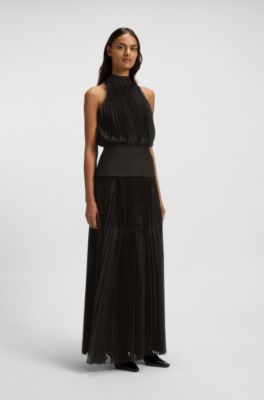 Vestido plisado largo con aplique liso, Negro