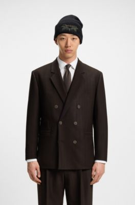 Blazer modern fit de tejido dobby el&aacute;stico con estampado de espiga, Marr&oacute;n